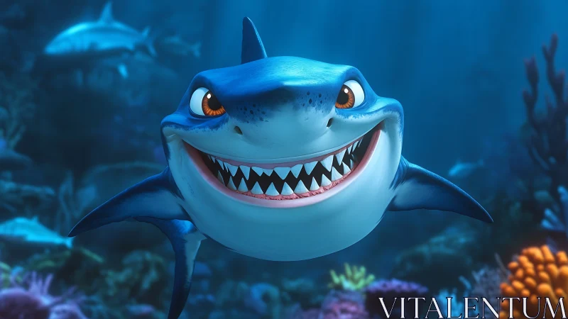 Cartoon shark character in bright underwater coral habitat.