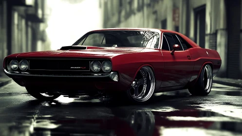 Red classic muscle car on wet urban street at dusk.