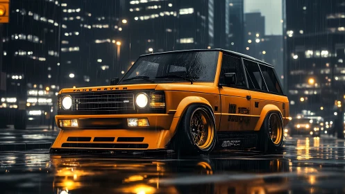 Widebody retro SUV stance build in rainy neon-lit city street