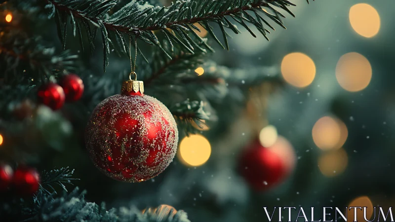 Macro closeup of red frosted Christmas bauble on fir branch