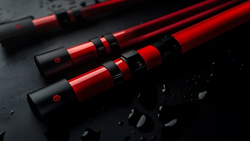 Wet studio closeup of red tubular lights on black surface.