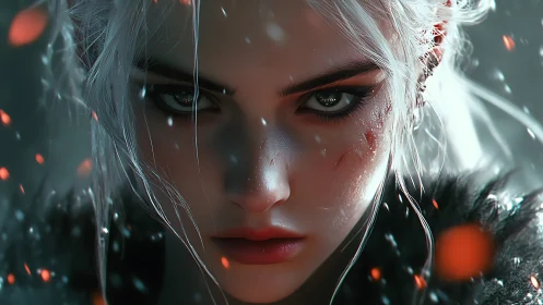 Fierce silver haired warrior close up with burning embers.