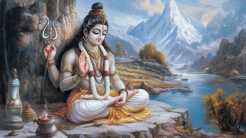 Digital painting of Shiva in meditative Himalayan landscape.