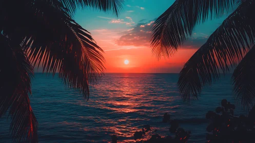 Tropical palms framing neon-styled ocean sunset horizon.