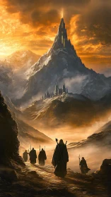 Pilgrims ascend a sun-forged citadel in burning mists.