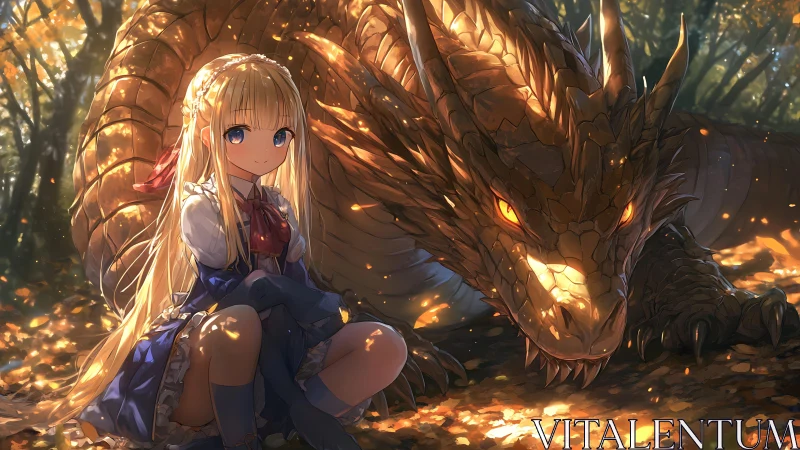 Anime forest tableau with girl and resting dragon companion.