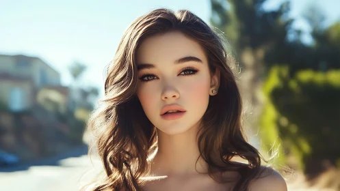 Sunlit portrait highlights serene expression and soft curls.