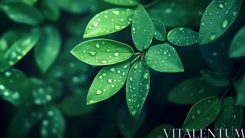 Fresh green leaves with rain droplets in soft focus forest.
