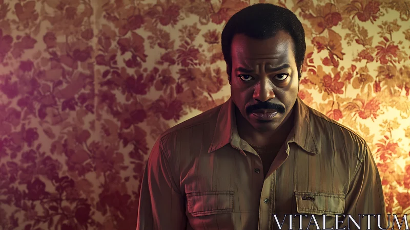 Intense man in retro shirt before floral wallpaper glow.