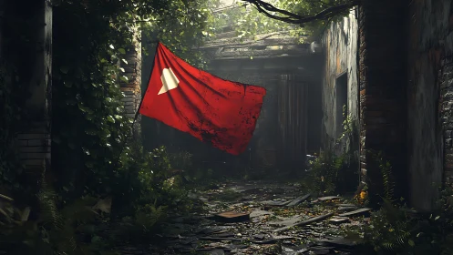 Derelict corridor with suspended red flag and play icon.