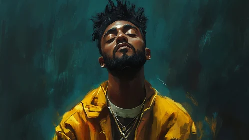 Moody digital portrait of man in yellow jacket, teal backdrop