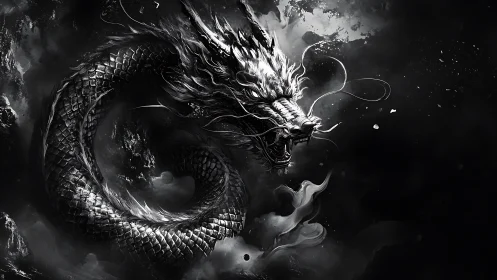 Stormlit silver dragon swirling through midnight clouds.