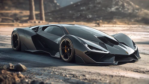 Futuristic low-profile supercar on dry coastal roadway.