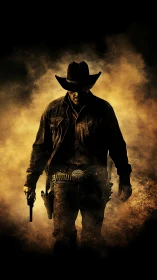 Lone gunslinger emerging through cinematic desert smoke.