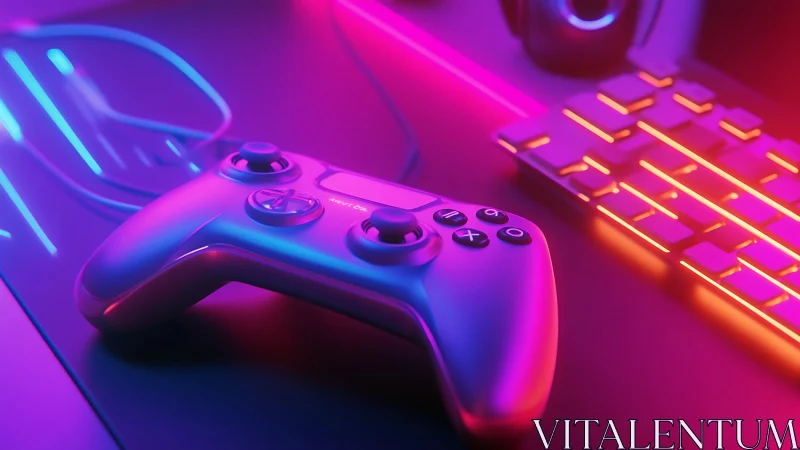 Neon gaming controller rests beside illuminated RGB keyboard