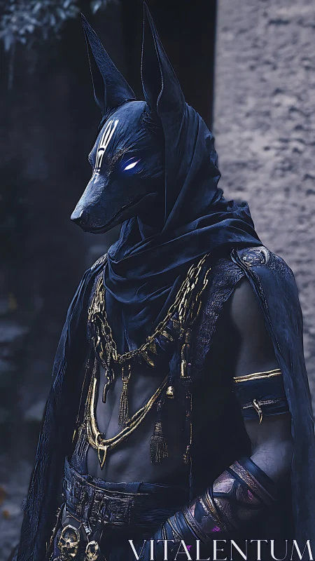 Jackal-headed guardian in ornate dark Egyptian regalia.
