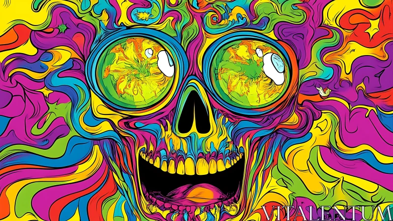 Psychedelic skull illustration with vortex eyes and fluid neon fields.