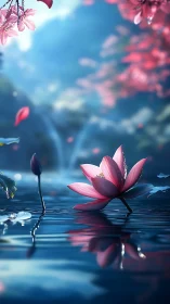 Pink lotus flower on reflective water with blurred falls.