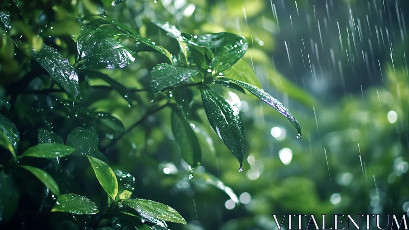 Rain-kissed emerald leaves shimmer in soft forest twilight.