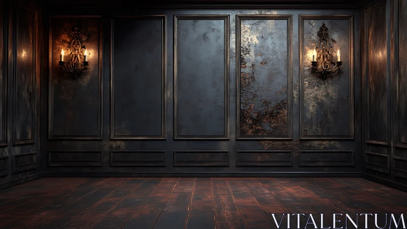 Candlelit vintage room glows softly against worn dark walls