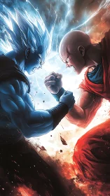 Bifurcated elemental duel with blue plasma and red flame fields.