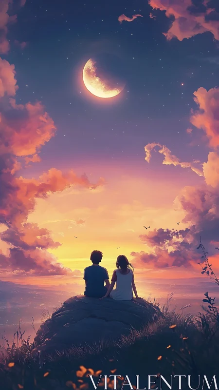 Two figures observe crescent moon above landscape at dusk.