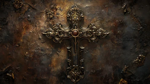 Baroque metal cross on corroded patinated wall surface