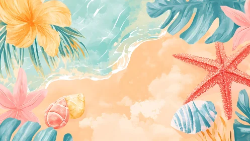 Sunny shoreline with joyful starfish, shells, and florals.