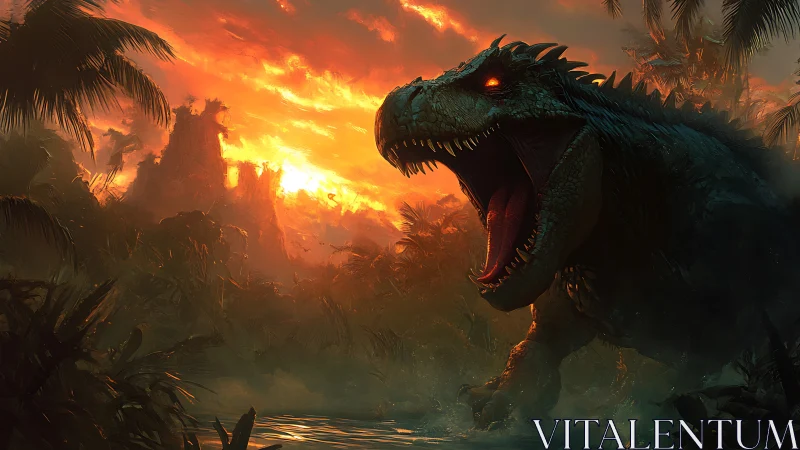 Roaring dinosaur dominates a fiery prehistoric jungle sunset