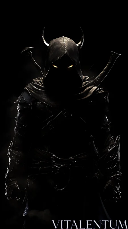 Hooded horned warrior silhouette in dark armor profile.