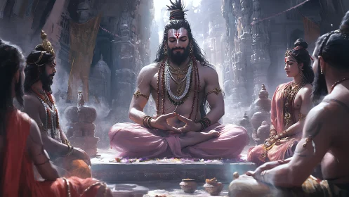 Mythic guru in lotus meditation amid temple disciples circle