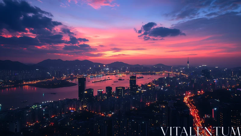 Twilight metropolis skyline with neon-lit riverfront arteries.