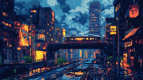 Neon city train glows above rain-washed reflective streets