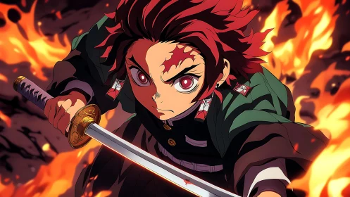 Anime swordsman with red hair advancing through flames.