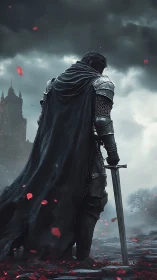 Brooding dusk knight among blood petals and stormclouds.