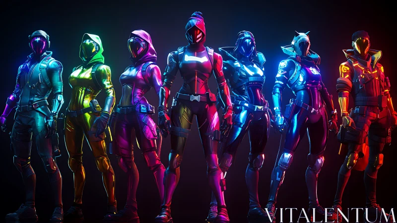 Futuristic armored characters under multicolored neon lighting.