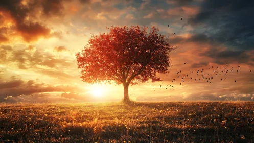 Golden sunset tree welcoming the quiet evening sky.