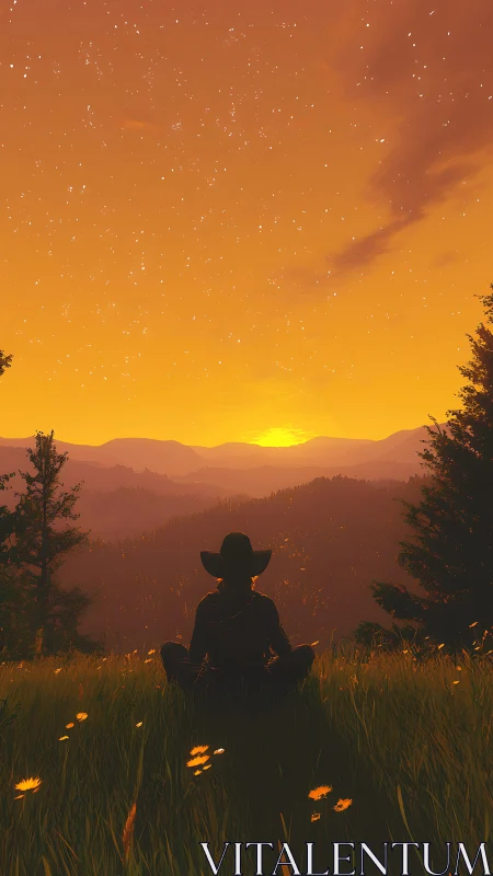 Silhouette figure on hillside observing layered sunset valley.