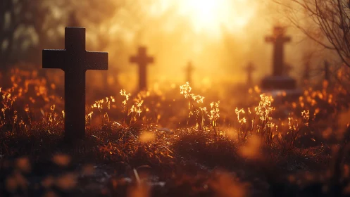 Photorealistic cemetery sunrise with backlit crosses and flora.