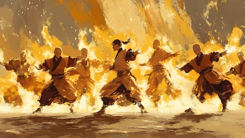 Monks Wielding Fire: Dynamic Combat Against Inferno.