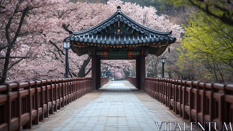 Symmetrical wooden bridge portal under tiled roof amid spring blossom