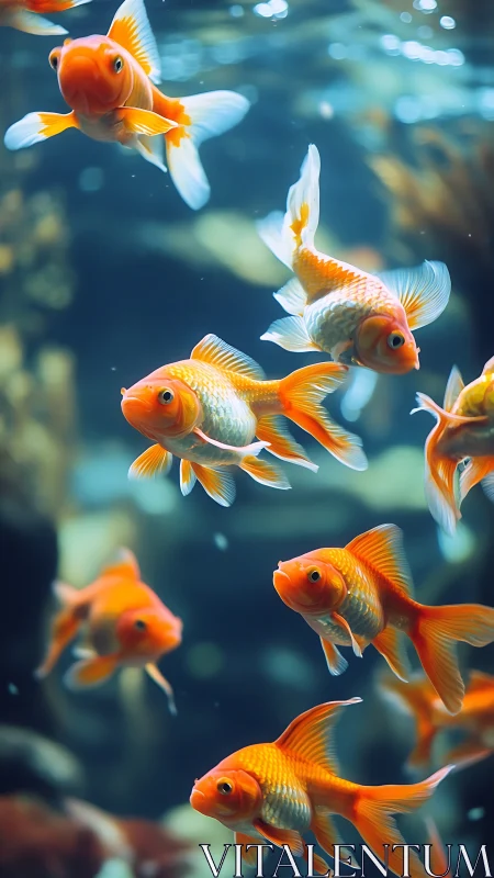 Goldfish school gliding through deep blue aquarium water.