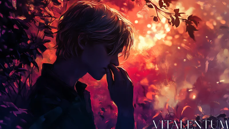 Contemplative youth silhouette in fiery bokeh forest glow.