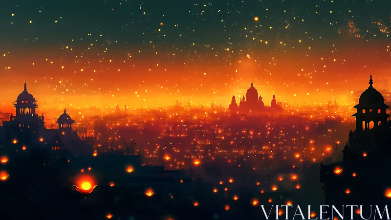 Luminous eastern skyline under floating festival lanterns.