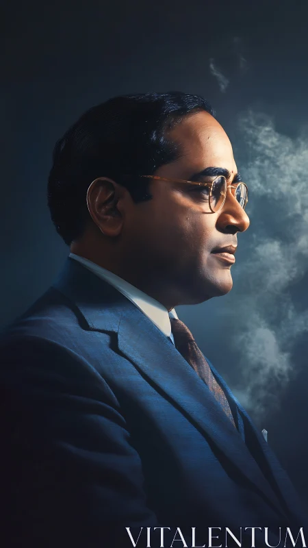 Side-lit formal portrait of suited man in glasses with smoke plume