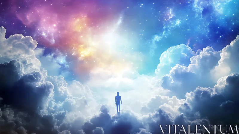 Solitary figure walks through luminous clouds into cosmic light