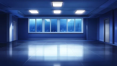 Minimalist blue atrium interior with reflective tiled flooring.