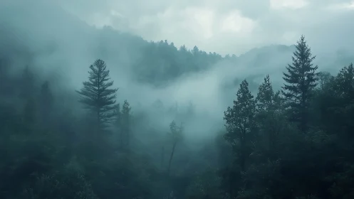Coniferous forest landscape obscured by atmospheric fog