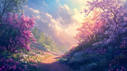Sunlit garden path winding through blooming spring trees.