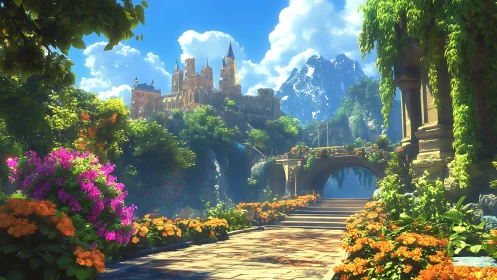 Terraced garden pathway leading toward elevated stone castle.